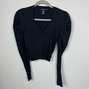 FOREVER 21 | Black Ribbed Puff Sleeve Top Button Cuffs Women’s Size Small